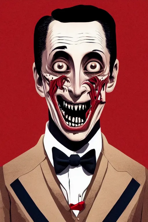 Image similar to pee wee herman in sleepy hollow, full body, big two toned eyes, teeth gritted, horror, intricate details, cinematic, epic, realistic, anatomy, tomer hanuka, uplight, artstation, photorealistic, scary