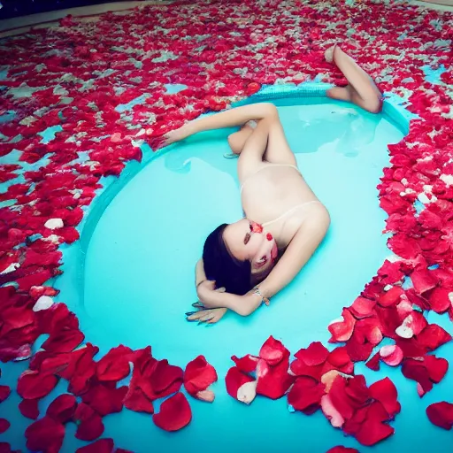 Image similar to woman laying in a pool of rose petals, movie poster, realistic, soft lighting, professional, full body, view from top