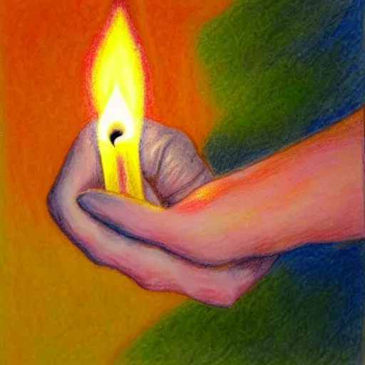 Image similar to hand holding a melting candle, colored pencil