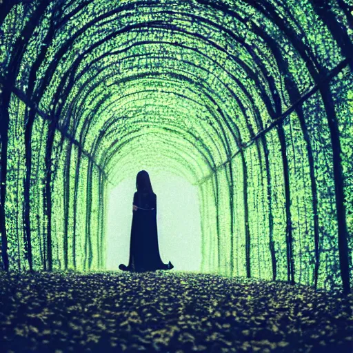 Image similar to tunnel of leaves, moody atmosphere, late summer, hazy, glowing lights, spiral, lost woman, dreamy