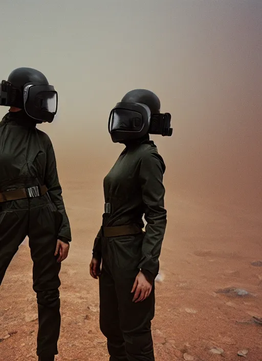 Image similar to cinestill 5 0 d photographic portrait of two loving clones, techwear women on a desolate plain, a brutalist dark metal facility in the background, dust storm, depth of field, 4 k, 8 k, hd, full color