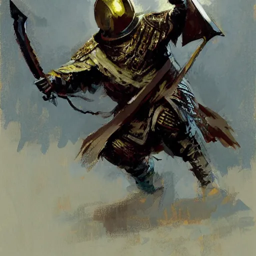 Prompt: portrait of man wearing gambeson and sallet helmet, holding sword, attacking, dramatic, detailed by greg manchess, craig mullins, bernie fuchs, walter everett