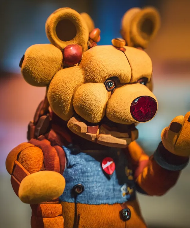 Image similar to high quality presentation photo of Freddy Fazbear, photography 4k f1.8 anamorphic bokeh 4k Canon Nikon
