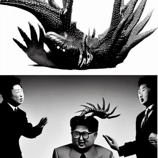 Image similar to studio shooting of Kim Jong-il escaping a Kaiju starfish monster, in the style of Herb Ritts and Irving Penn