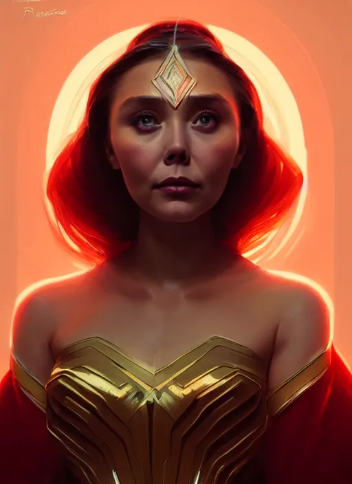 Image similar to portrait of modern darna, elizabeth olsen, intricate, elegant, glowing lights, highly detailed, digital painting, artstation, glamor pose, concept art, smooth, sharp focus, illustration, art by wlop, mars ravelo and greg rutkowski