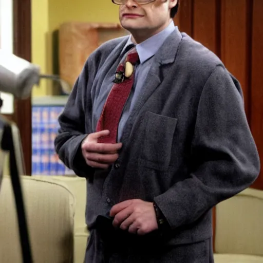 Image similar to dwight schrute pretending to be larry king