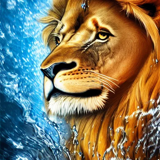 Image similar to a male lion's face breaching through a wall of water, headshot, water sprites, splashing, deep blue ocean, highly detailed, realistic digital art, trending on artstation