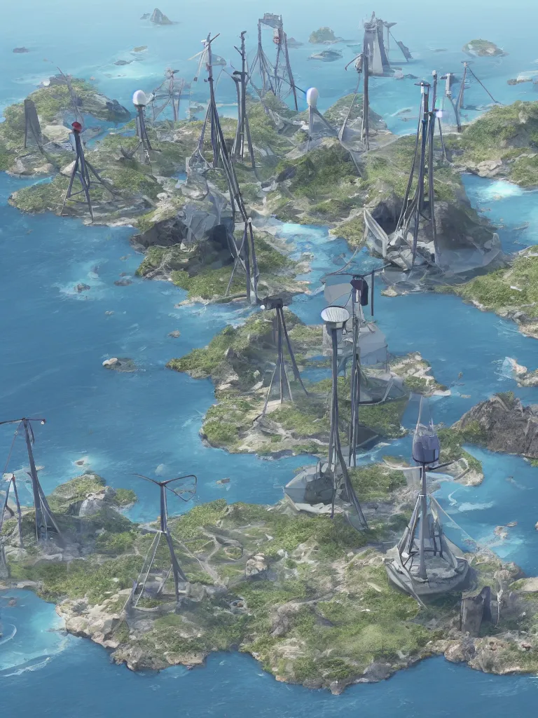 Prompt: an island in space, a lot of tv towers is on the island, trending on artstation