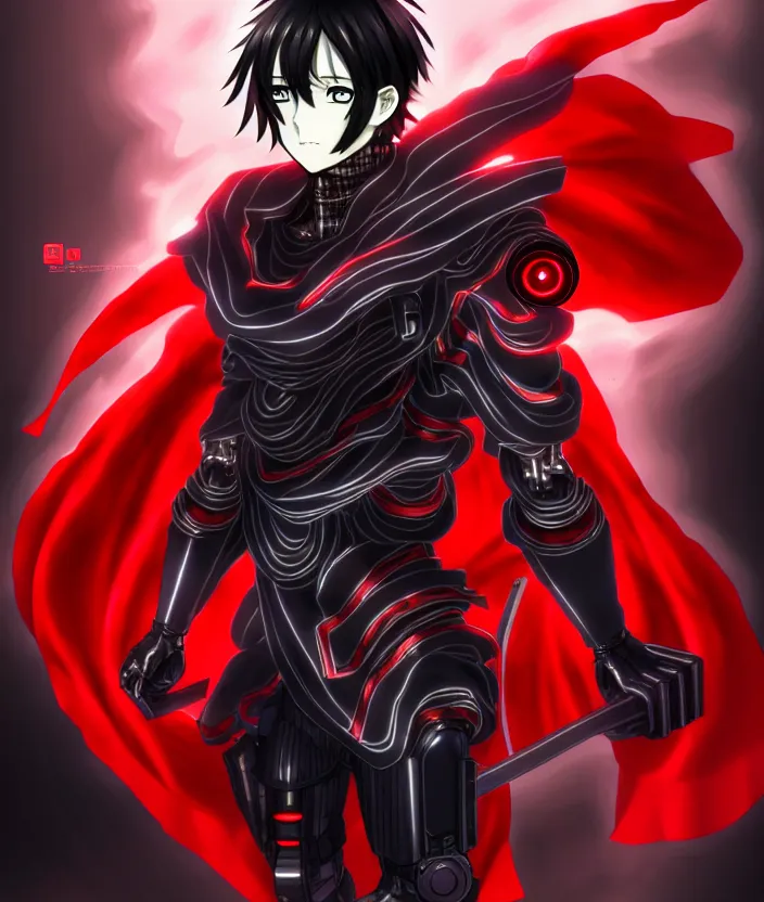 Image similar to a detailed manga illustration character full body portrait of a dark haired cyborg anime man who has a red mechanical eye and is wearing a cape, trending on artstation, digital art, 4 k resolution, detailed, high quality, sharp focus, hq artwork, insane detail, concept art, character concept, character illustration, full body illustration, cinematic, dramatic lighting