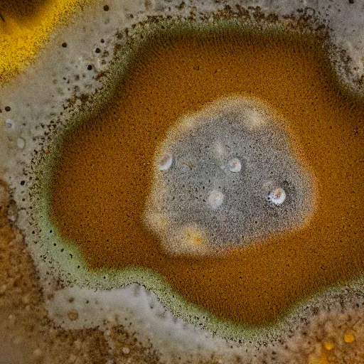 Image similar to a yellow and brown bacterial mat at a yellowstone hotspring, macro photography, extremely detailed, small features, bumps, craters, follicles