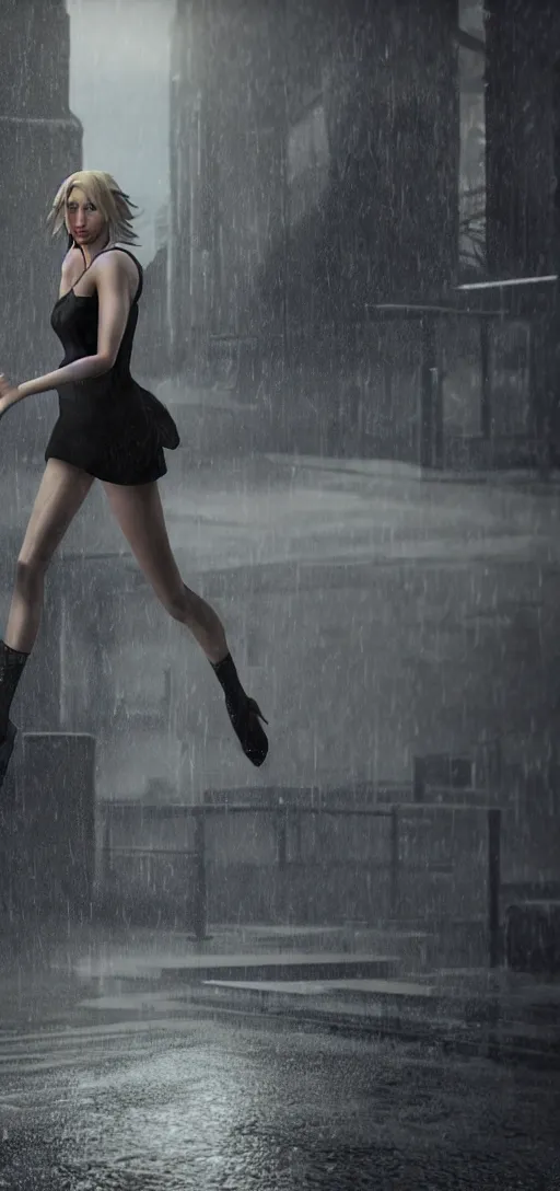 Image similar to beautiful annie leonhart running on high heels with open toe in dunwall city, redshift render, beautiful face, detailed face, cinematic lighting, rainy weather, melancholy atmosphere, volumetric light, octane render, dishonored 1, gothic architecture, realistic reflections, octane render 8 k, model women