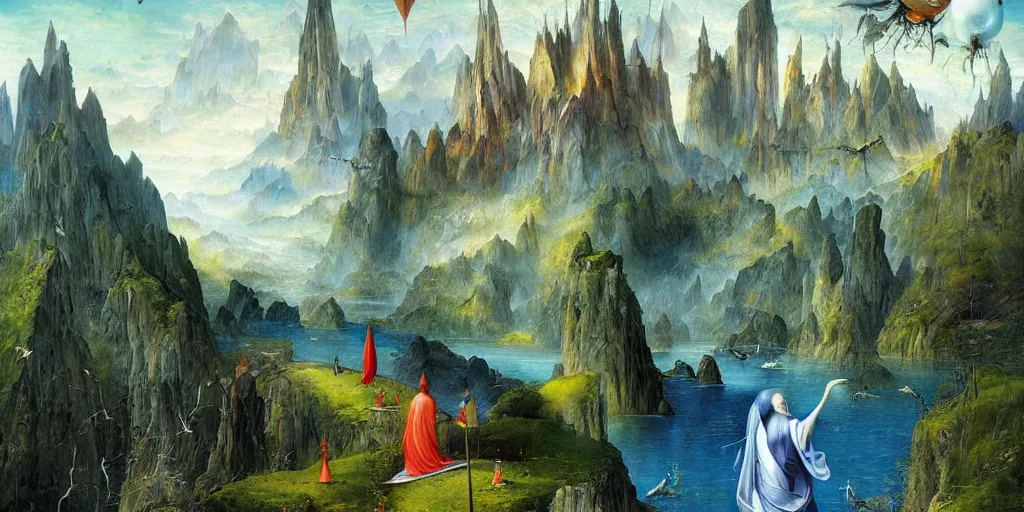 Image similar to beautiful Veduta painting gothic painting of a beatiful scenic mountain range surrounded by bright Ultramarine diamonds, by Esao Andrews and Peter Gric and Hieronymus Bosch and De Es Schwertzberger