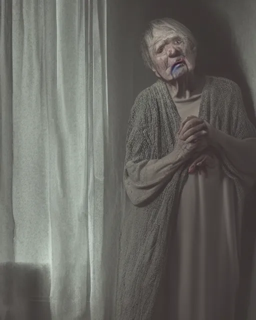 Prompt: in a bedroom a grotesque old woman standing by my bed at night, photorealistic horror, ultra realistic, dark gloomy, 4 k resolution