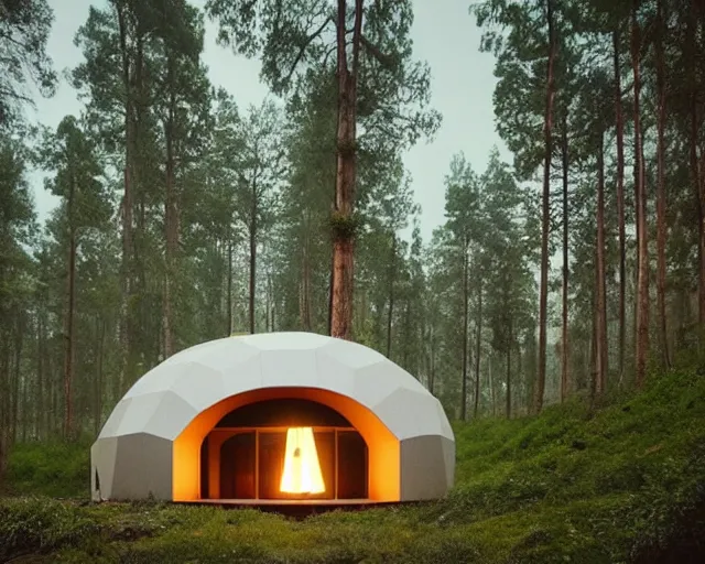 Image similar to modular dome house. there is paradise in heaven. smoky ambience. slight green glow in the very far distance.