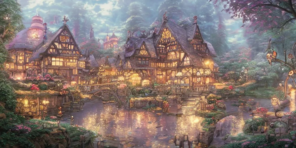 Prompt: A fairy-tale style factory made of ice cream， full of details, matte painting, concept art, smooth, by Studio Ghibli and Thomas Kinkade ，Soft light atmosphere，trending on cgsociety and Blender， unreal engine，8kHDR，light effect，rtx on，-H 960