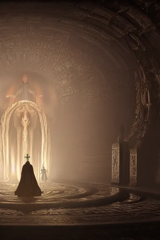 Image similar to center view of a group of priest in circle invoking an hyper realistic lovecraft creature portrait in a huge ritual portal, 4 k, fantasy art, glamorous composition, wide - angle shot, cinematography lighting, volumetric fog, vivid colors, realistic, octane render, unreal engine, frank frazzeta, hyper realistic matte painting