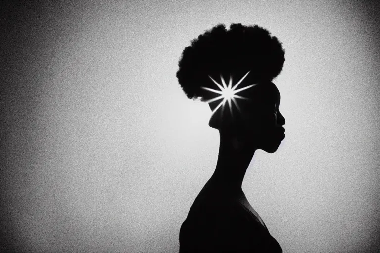 Image similar to a silhouette of a woman with a sun halo on her head, an album cover by carrie mae weems, trending on pinterest, afrofuturism, chiaroscuro, studio lighting, dramatic lighting
