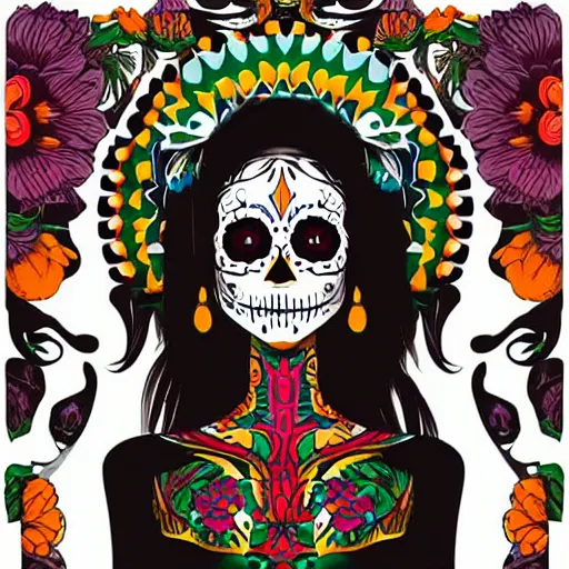 Prompt: mexican day of the dead, sticker style art, white background, trending on artstation, greg rutkowski, john singer sargent, crop top, intricate