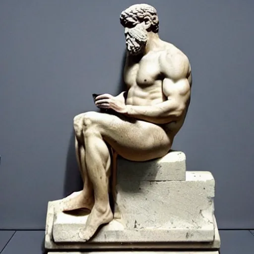 Prompt: An ancient Greek statue of Zeus scrolling through Twitter on his iPhone