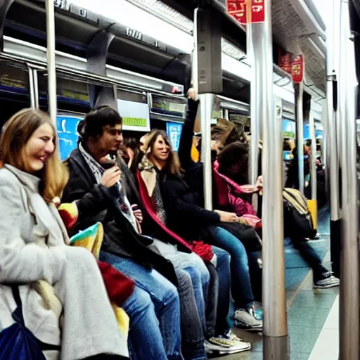 Image similar to people of rer b, subway, vivid atmosphere, happy mood