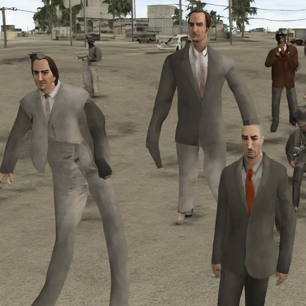 Image similar to Saul Goodman in a GTA San Andreas mission cutscene with CJ, game screenshot