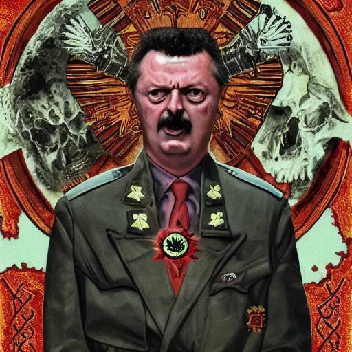 Image similar to igor ivanovich strelkov became an angry degraded satanic hellfire demonic abomination and calling for total mobilization, photo - realistic, color image, 2 k, highly detailed, bodyhorror, occult art