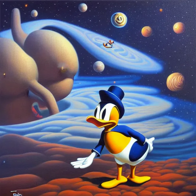 Image similar to an oil on canvas portrait painting of donald duck, surrealism, surrealist, cosmic horror, rob gonsalves, high detail