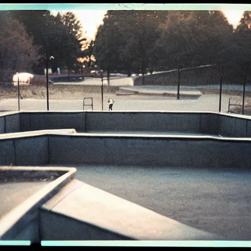 Image similar to a 1 9 9 0's photograph of a skatepark in a small town at dusk, polaroid, candid photography