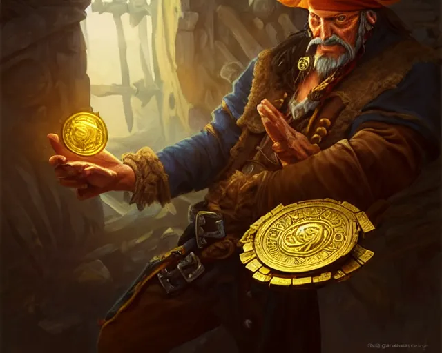 Image similar to old pirate looking carefully at a gold coin, deep focus, d & d, fantasy, intricate, elegant, highly detailed, digital painting, artstation, concept art, matte, sharp focus, illustration, hearthstone, art by artgerm and greg rutkowski and alphonse mucha