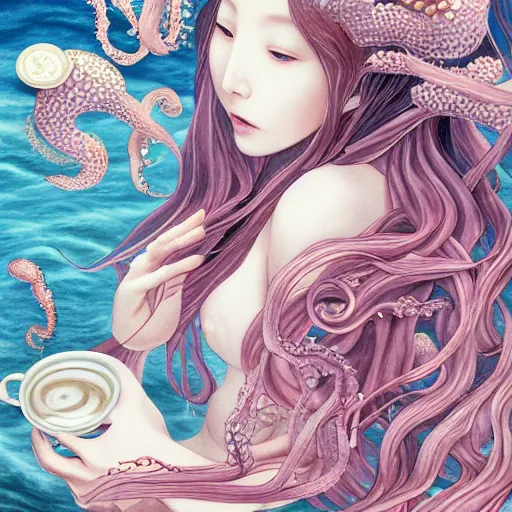 Prompt: poster by Miho Hirano, style of Guo Hua, The light pink Queen of the Sea waves and her devoted servant silver octopus drink tea ,digital art, atmospheric , realistic, detailed, , beautiful collage technique including jellyfish, branches, little fishes, , sea background, beautiful Fantasy detailed trending on artstation, oil painting,Dramatic lighting, eterea , high quality print, fine art with subtle redshift rendering