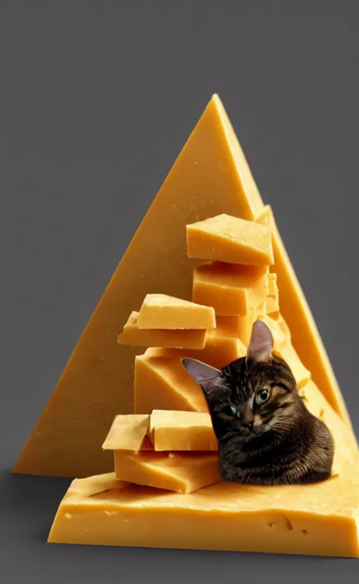 Prompt: A Pyramid made of cheese with a cat's head on top of it, high quality, extremely detailed, atmospheric octane render