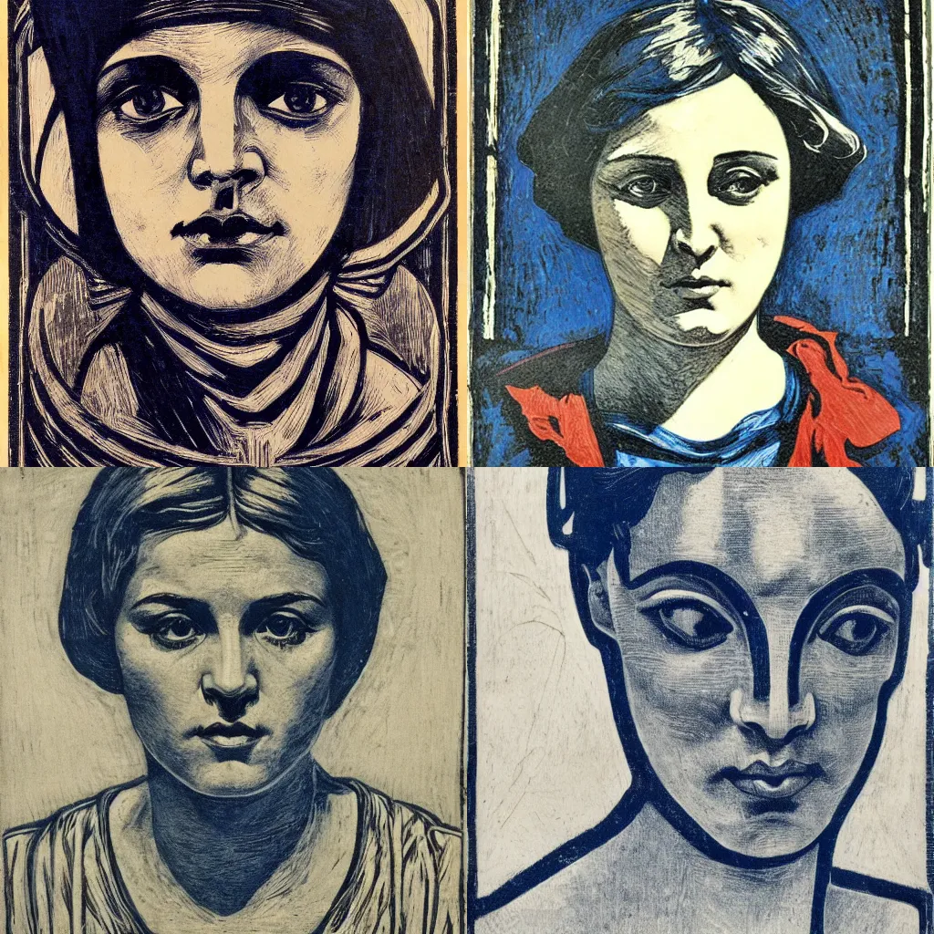 Prompt: portrait, portuguese realism, woodcut, art nouveau ( 1 9 2 2 ), pyrrol scarlet, titanium white, phthalo blue, stathmore 4 0 0, 3 5 mm, f 3 2, grisaille, luminous