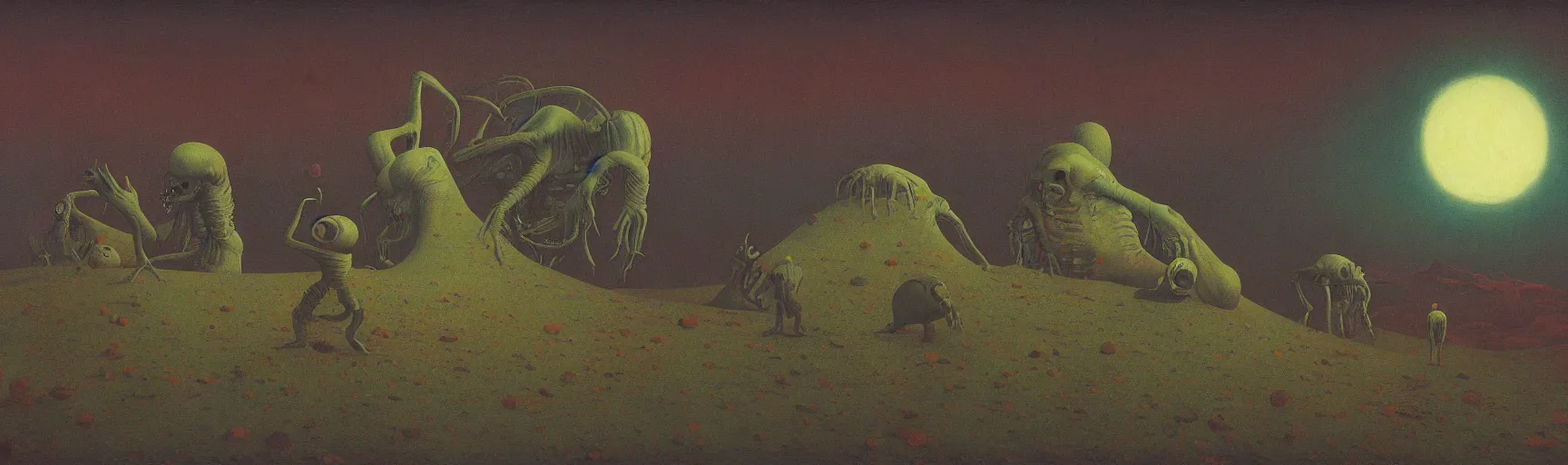 Prompt: horrible monsters and alien war on the moon landscape, Edward Hopper and James Gilleard, Zdzislaw Beksinski, Mark Ryden, Wolfgang Lettl highly detailed, hints of Yayoi Kasuma, Odilon Redon. Drexler