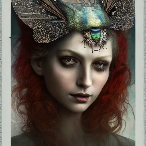 Image similar to realistic illustration of a beautiful rusted mechanical faerie queen with glowing eyes, moth wings with geometric patterns, reflective detailed textures, highly detailed dark fantasy science fiction painting by tom bagshaw and diego rivera, silver and cool colors, artstation