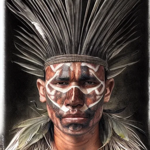 Prompt: a male tupi guarani warrior portrait, tropical plants hiding the top part of his face, by marco mazzoni, dark background