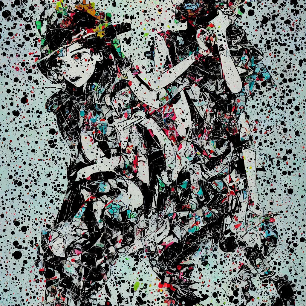 Image similar to girl figure, abstract, jet set radio artwork, ryuta ueda artwork, cryptic, rips, spots, asymmetry, stipple, lines, glitches, color tearing, pitch bending, stripes, dark, ominous, eerie, hearts, minimal, points, otomo katsuhiro artwork, technical, natsumi mukai artwrok, folds