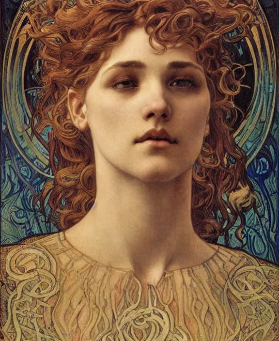 Image similar to detailed realistic beautiful young medieval queen face portrait by jean delville, alphonse mucha, vincent van gogh, and marco mazzoni, art nouveau, symbolist, visionary, gothic, pre - raphaelite