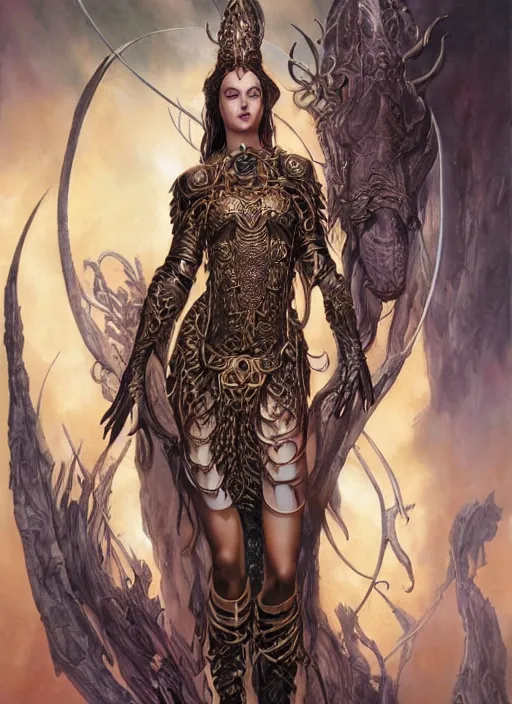 Image similar to a highly detailed symmetrical full body portrait of a female fantasy character with piercing beautiful eyes, art by artgerm and karol bak and mark brooks and donato giancola and bayard wu and gustav moreau and wayne barlowe