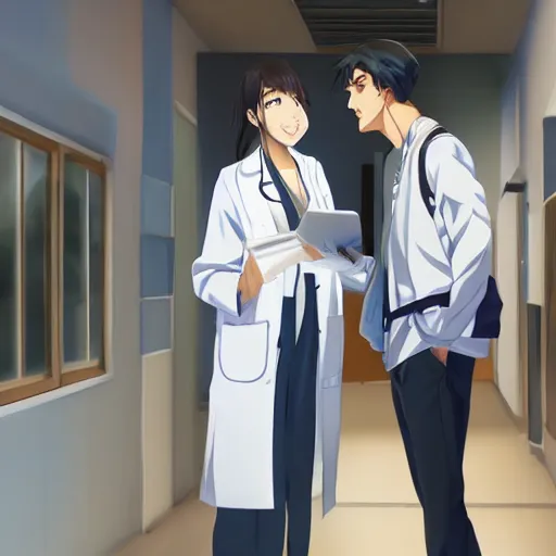 Image similar to a cute and beautiful young female doctor wearing white coat are talking with a handsome young man wearing white coat in a hospital ward, highly detailed, digital painting, slice of life anime, illustration, anime scenery by Makoto shinkai