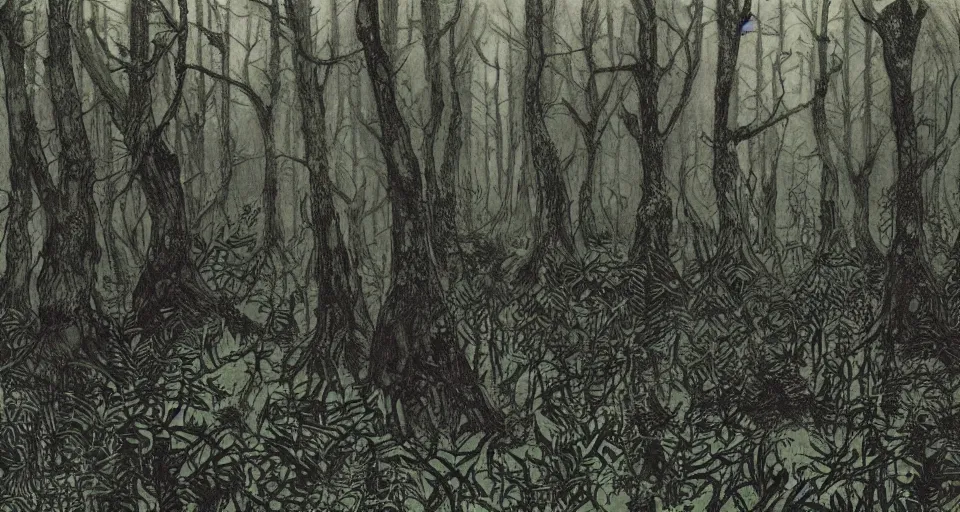 Image similar to A dense and dark enchanted forest with a swamp, by Raymond Briggs