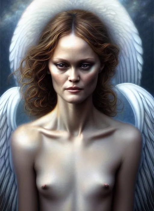 Image similar to vanessa paradis as an angel, aesthetic, fine art, intricate, elegant, highly detailed, realistic hair, centered, digital painting, art station, conceptual art, soft, sharp focus, illustration, artwork, artgerm, tomasz alen kopera, peter mohrbacher, donato giancola, wlop, boris vallejo