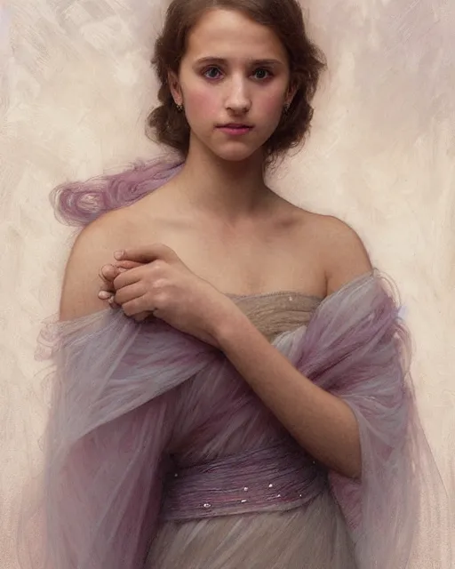 Image similar to a portrait painting of a shy, blushing 1 6 - year old alicia vikander or millie bobby brown as elsa, a princess of the ice and snow, in a snowy setting at night, intricate, elegant, highly detailed, artstation, concept art, by krenz cushart and donato giancola and william adolph bouguereau and alphonse mucha