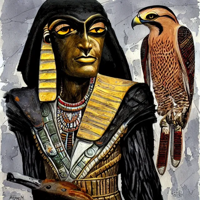 Prompt: rough painting of Horus the falcon headed egyptian god by Enki Bilal and Dave McKean