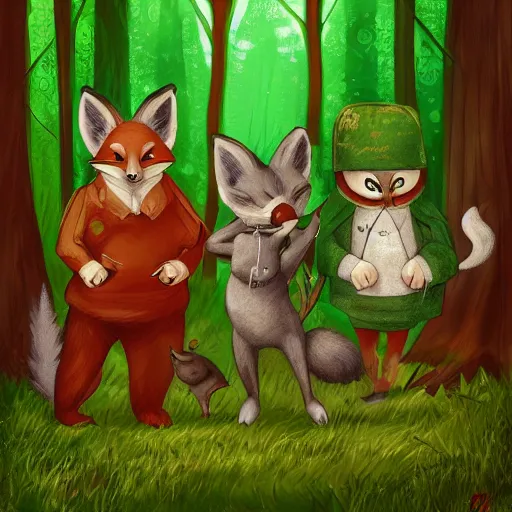 Image similar to 3 woodland critters, resistance, communist, bunny, mouse, fox, political meeting in the woods, antropomorphic, fantasy digital art, art station, green flags, green hats