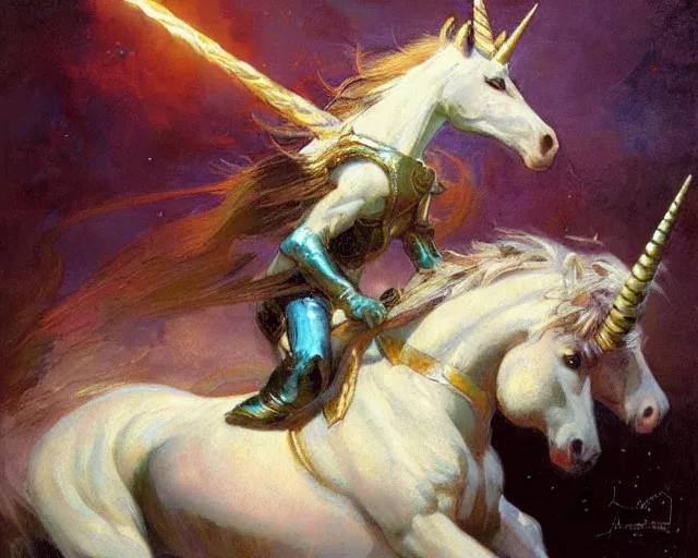 Prompt: rider on a unicorn through the dark, painting by gaston bussiere, craig mullins, j. c. leyendecker