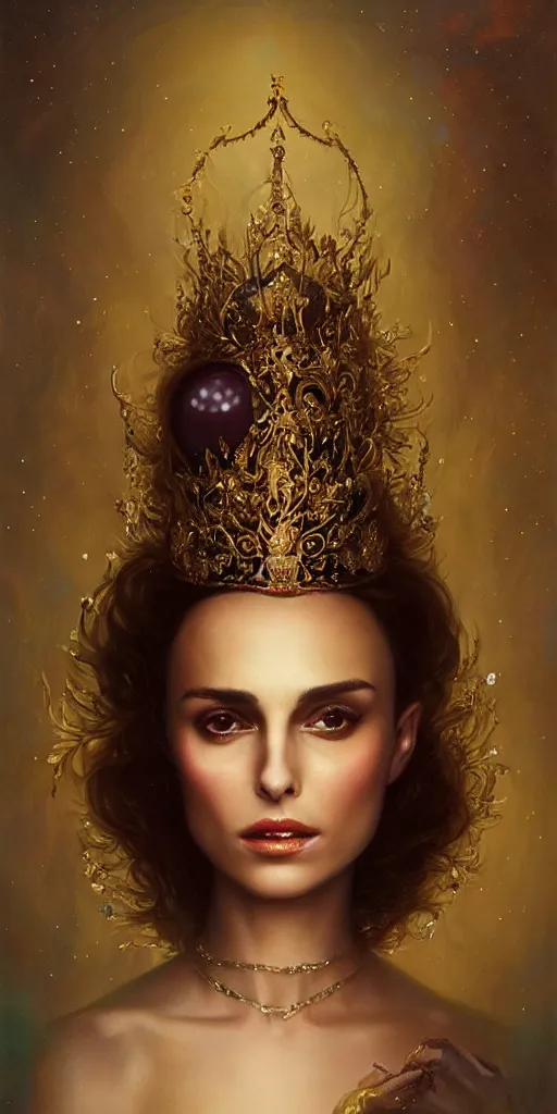 Image similar to Nathalie Portman with Gold Crown with iridescent pearls, jewels, other worldly, rococo, by Anato Finnstark, Tom Bagshaw, Brom