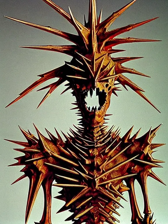Prompt: A little vibrant. A spiked spiky horned detailed semiork-semihuman skeleton with armored joints stands in the cavernous corridors of the palace with a pebble in hands and toes. Wearing massive shoulderplates. Extremely high details, realistic, fantasy art, solo, masterpiece, bones, ripped flesh, colorful art by Zdzisław Beksiński, Arthur Rackham, Dariusz Zawadzki, Harry Clarke