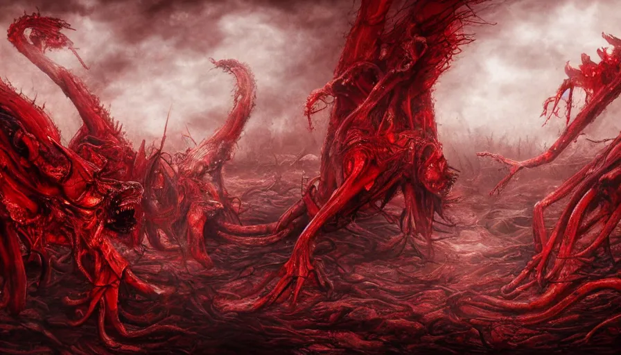 Prompt: landscape artwork of two demons hugging each other emerging from corpses in a red hellscape by Yoshitaka Amano, by HR Giger, full body wide shot, biomechanical, 4k, hyper detailed, hyperrealism, anime, red sky, blood and body parts, deviantart, artstation