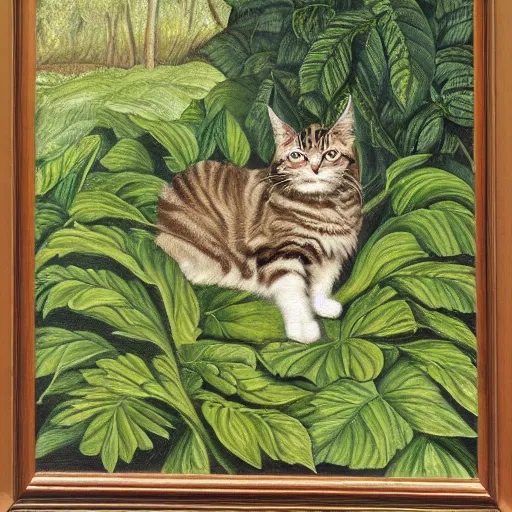 Prompt: a reneissance painting of a maincoon cat among big green leaves, very detailed, in the style of mantegna