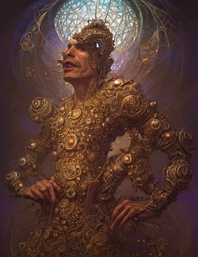 Image similar to front shot of a court jester character, hyperdimensional, bioluminescent hypercubes, ((intricate)), elegant, highly detailed, centered, (((artstation, concept art, smooth, sharp focus, artgerm, Tomasz Alen Kopera, Peter Mohrbacher, donato giancola, Joseph Christian Leyendecker, WLOP, Boris Vallejo))), mugshot!!!!!, ugly!!!!!!, octane render, nvidia raytracing demo, grainy, muted, 8K, digitalblasphemy